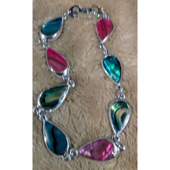 VTG Abalone Sterling Silver Plated S-80 Bracelet Box Clasp 8" Paua Pink Green - Picture 3 of 6